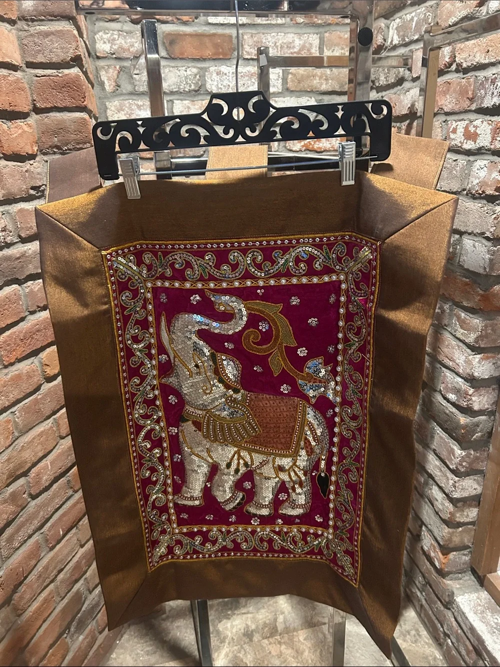 Embellished Elephant Wall Hanging in Burgundy and Gold 20” x 26”